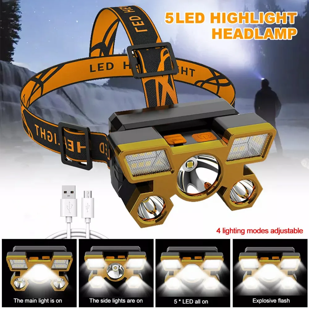 1pcs Rechargeable Headlamp, Portable 5LED Headlight Torch, Portable Working Light, Fishing Camping Head Light