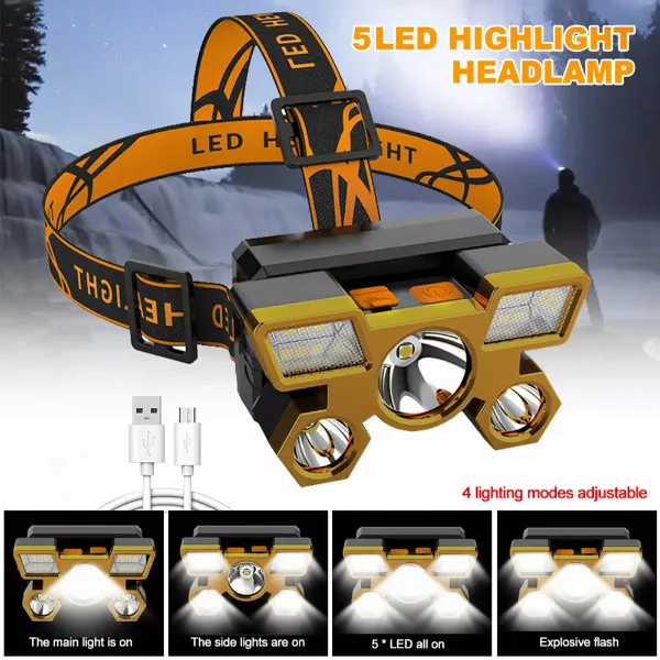 1pcs Rechargeable Headlamp, Portable 5LED Headlight Torch, Portable Working Light, Fishing Camping Head Light 