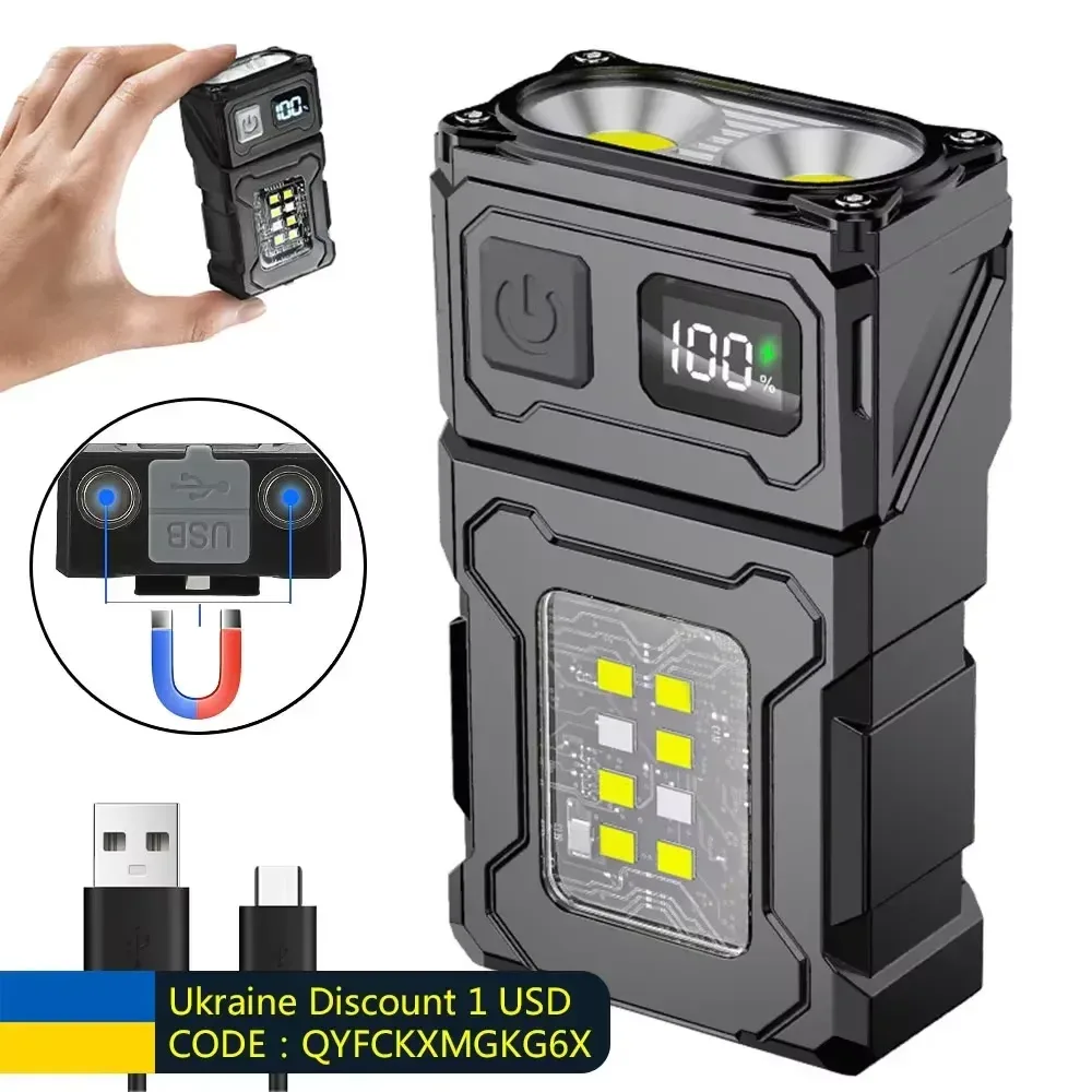 MINI USB Rechargeable LED Flashlight Portable Tail Magnet Flashlight Super Bright Camping Lantern Side COB Eme
