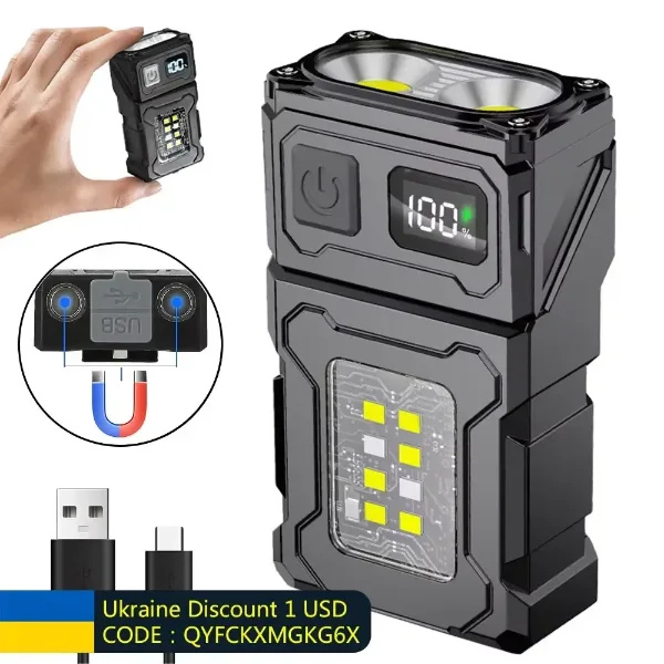 MINI USB Rechargeable LED Flashlight Portable Tail Magnet Flashlight Super Bright Camping Lantern Side COB Eme