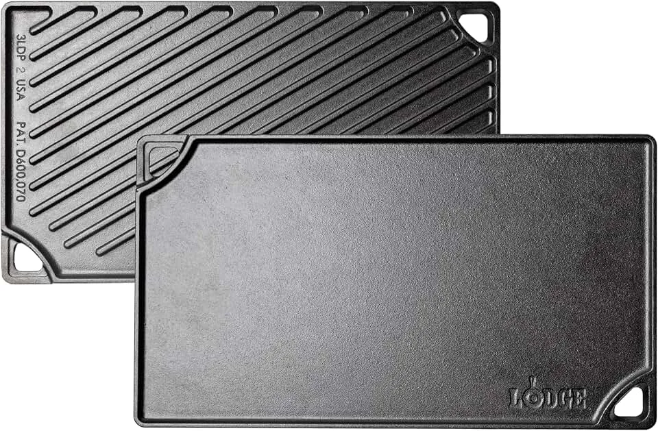 Lodge Reversible Cast Iron Grill/Griddle Pan 16.75 x 9.5 - Pre-Seasoned Dual-Sided Double Burner for BBQ, Eggs