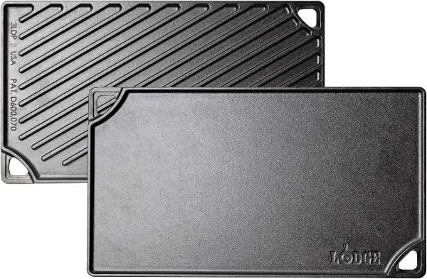 Lodge Reversible Cast Iron Grill/Griddle Pan 16.75 x 9.5 - Pre-Seasoned Dual-Sided Double Burner for BBQ, Eggs