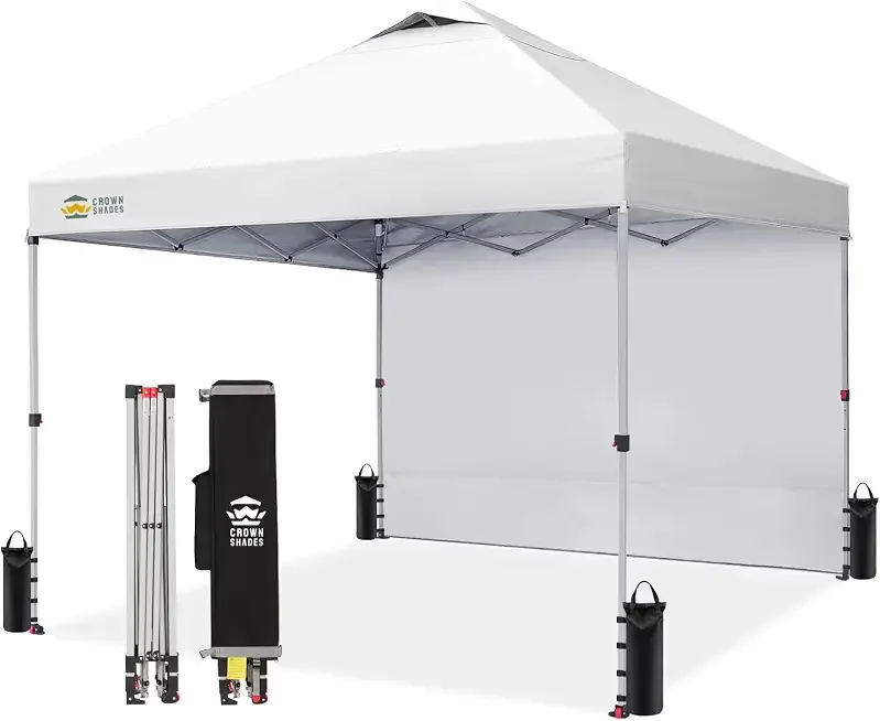 CROWN SHADES 10x10 Pop Up Canopy with 1 Side Wall, Beach Canopy Tent, White Global Recycled Standard