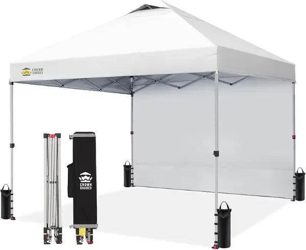 CROWN SHADES 10x10 Pop Up Canopy with 1 Side Wall, Beach Canopy Tent, White Global Recycled Standard