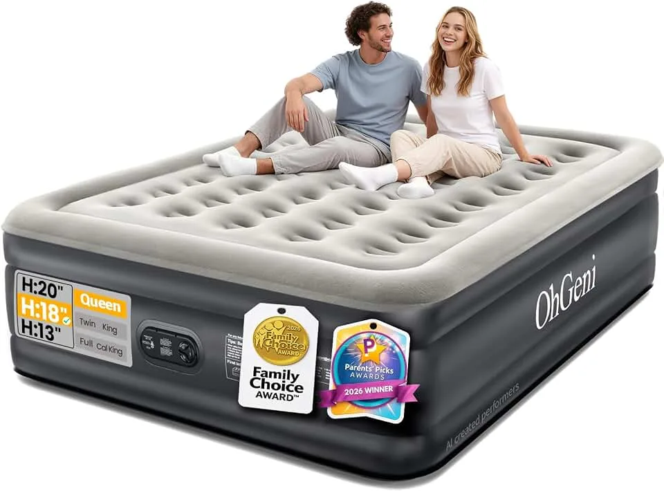 OhGeni Air Mattress Queen with Built in Pump, 18" Raised Inflatable Blow Up Mattress, Upgraded Surface Po