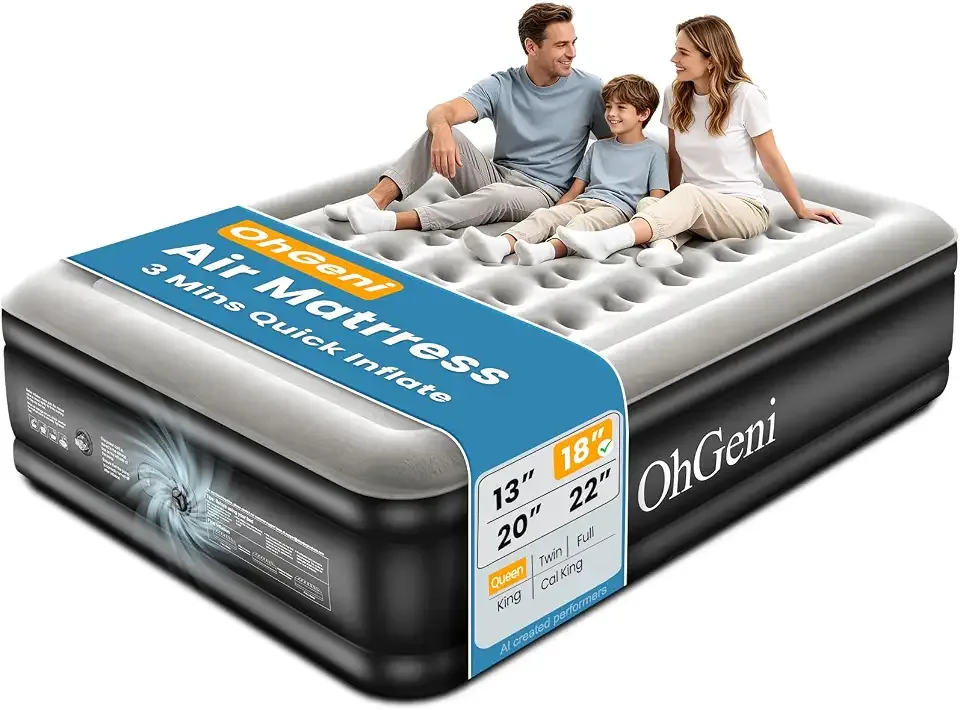 OhGeni Air Mattress Queen with Built in Pump, 18" Raised Blow up Bed, 800lb Global Recycled Standard