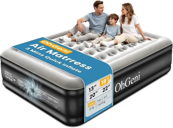 OhGeni Air Mattress Queen with Built in Pump, 18" Raised Blow up Bed, 800lb Global Recycled Standard