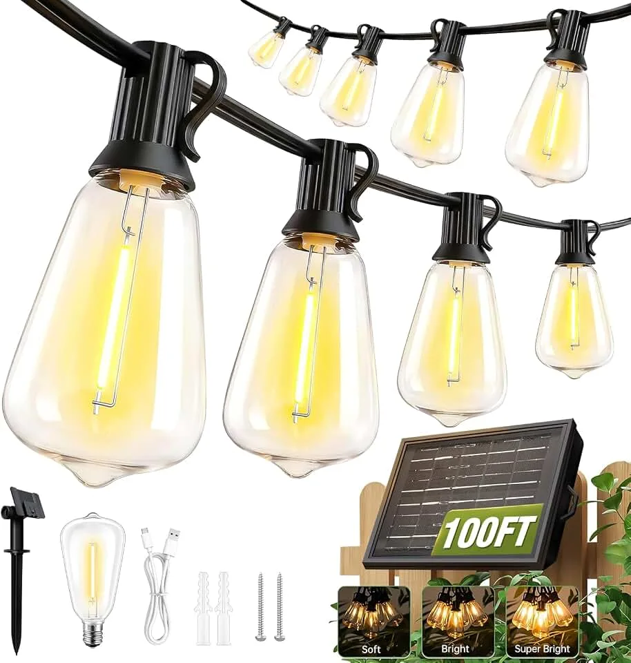 100FT Solar String Lights Outdoor Waterproof with Remote & Timer, LED Shatterproof ST38 Bulbs, USB & Solar Pow