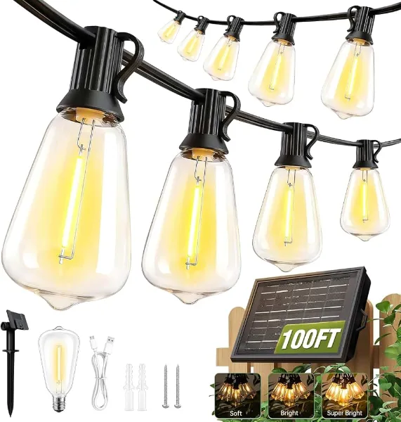 100FT Solar String Lights Outdoor Waterproof with Remote & Timer, LED Shatterproof ST38 Bulbs, USB & Solar Pow